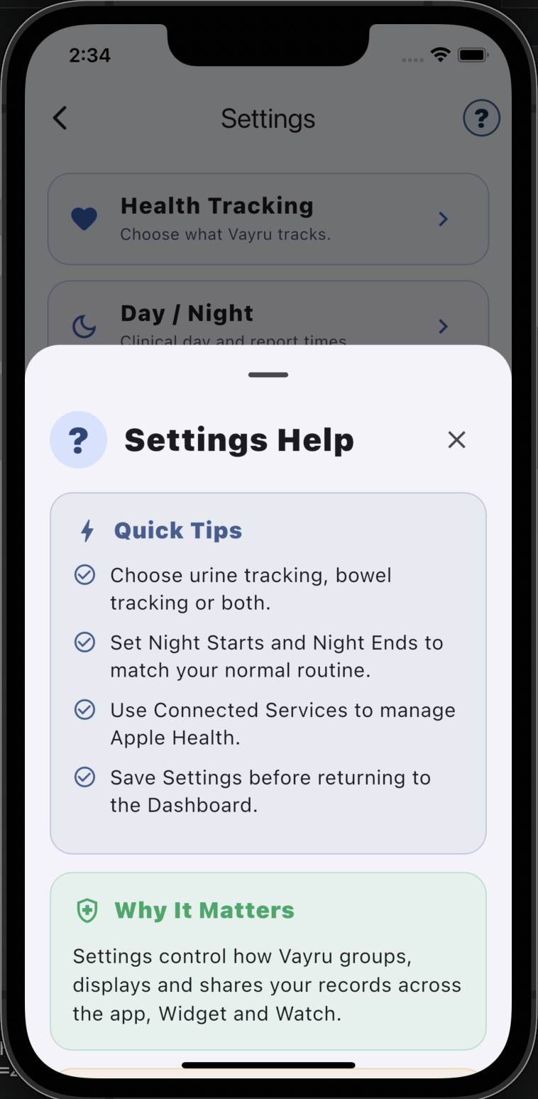 Settings help sheet